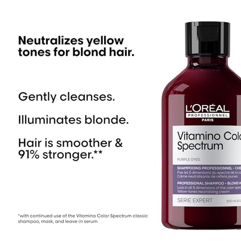L'Or?al Professionnel Paris Vitamino Color Spectrum Purple Shampoo - Neutralizes Yellow Tones, Enhances Shine & Vibrancy, Maintains Day 1 Hair Color, Hydrates & Strengthens Blonde Hair