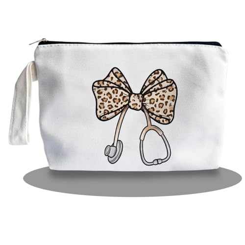 Leopard Bow Stethoscope Nurse Makeup Bag - Trendy Nurse Themed Gifts for Lovers Girls Mom Women, Bow Stethoscope Nurse Cosmetic Bag, Nursing Student Gifts, Canvas Zipper Makeup Bag