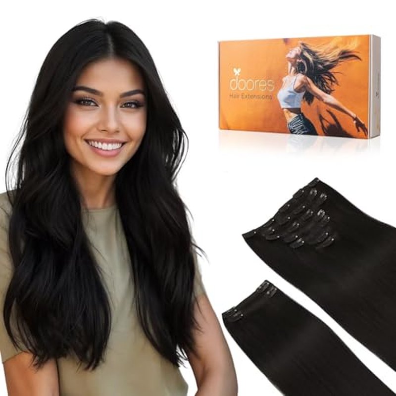 DOORES Clip in Hair Extensions Real Human Hair, Jet Black 150g 9pcs 20 Inch, Human Hair Extensions Remy Hair Extensions Human Hair Clip in Straight Thick Extensions Human Hair Natural