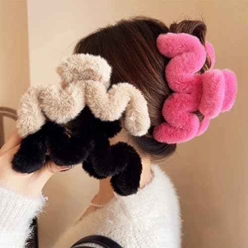 3Pcs Fuzzy Large Faux Fur M-Shaped Hair Claws Winter Plush Fluffy Wave Claw Clips
