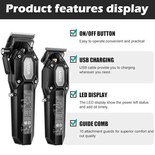 VGR Professional Hair Clippers for Men, Cordless Barber Clippers and Trimmers Set, Mens Hair Cutting Kit with 10 Guide Combs, USB Rechargeable Haircut Machine for Family, LED Display, Black