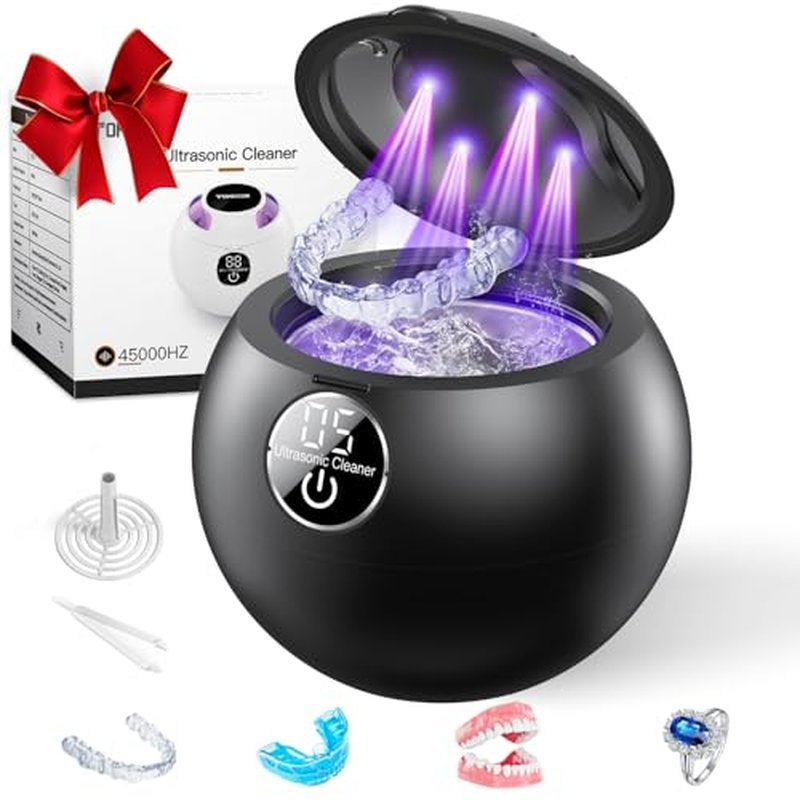 Ultrasonic Retainer Cleaner Machine,45kHz Ultrasonic Cleaner,360¡ÆCleaning for Dentures,Aligner,Mouth Guard,Jewelry,Braces,Toothbrush Heads with 200 ML Dental Cleaning Pod, 3 Modes,Black