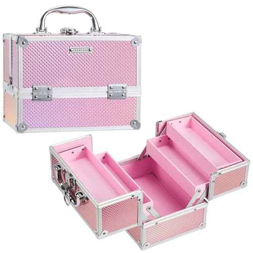 FRENESSA Makeup Train Case 8.85 Inch Portable Makeup Case Organizer Cosmetic Box Make Up Box Makeup Organizer Cosmetic Storage Cases with Locking Nail Kit Organizer Small Travel Case Mermaid Pink