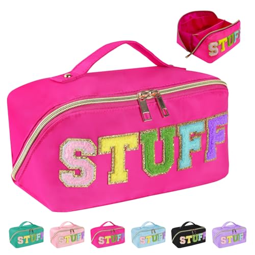 Preppy Stuff Makeup Bag, Stoney Clover Travel Toiletry Bag Pouch Chenille Letter Make Up Bags Girls Cute Cosmetic Bag Wedding Birthday Stocking Stuffers for Gifts Halloween Stuff (Rose Red)