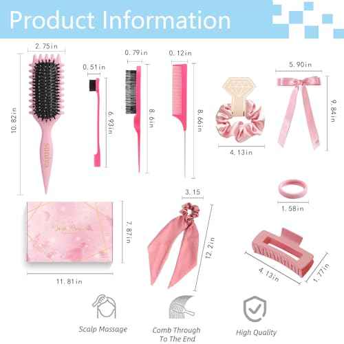 Curly Hair Brush,Curl Defining Brush,Slick Back Hair Brush,Rat Tail Comb,Edge Bristle Brush,Clip Claw,Bow,Satin Scrunchies,No Damage Hair Ties,Scarf Hair Ties,Gifts For Women,Best Gift Set(Green)