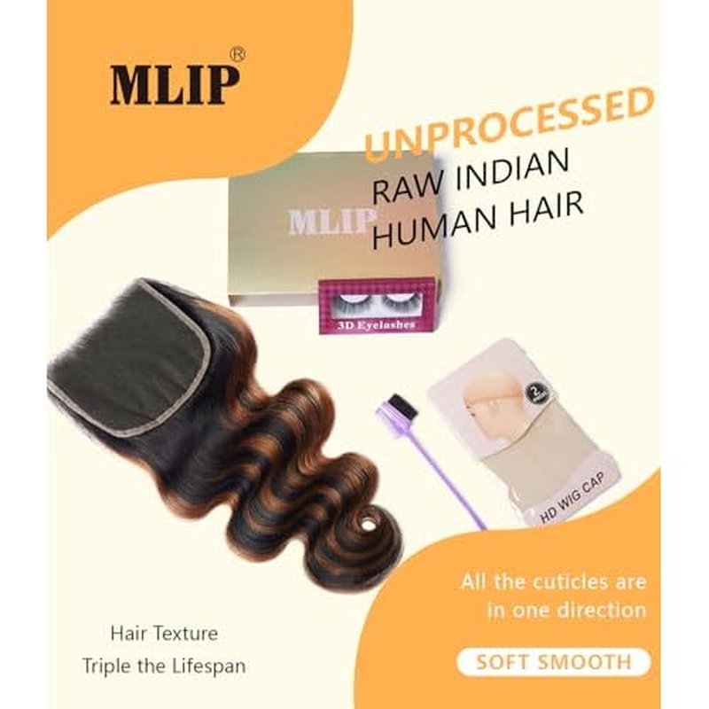 Mlip 5x5 HD Lace Closure Body Wave, 0.10mm Ultra Thin Invisible Swiss Lace, Skinlike Real HD Lace Melt into Skin Perfectly, Pre-plucked Natural Hairline, Raw Indian Human Hair 16 Inch Highlight Color