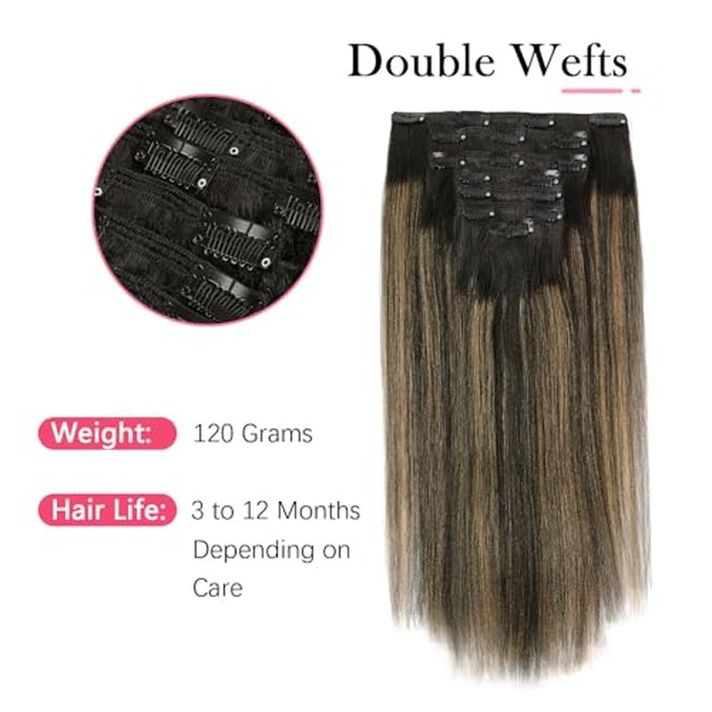 Sassina Yaki Clip in Hair Extensions Human Hair for Black Women Invisible Clip in Human Hair Extensions Natural Black to Strawberry Blonde Real Remy Human Hair 7Pcs 20Inch 120 Grams