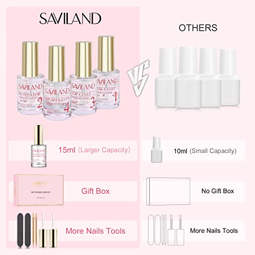 SAVILAND Dip Powder Liquid Set 15 ml/0.5 oz,10 Pcs Nail Dip Liquid Set with HEMA-free Base/Top Coat, Activator Brush Saver Acrylic Gel Nail File No Curing Needed DIY Home Salon Quality