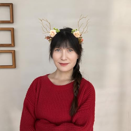 Yumikoo Deer Ears Antlers Christmas Headband - Flower Christmas Costume Hair Accessories for Women