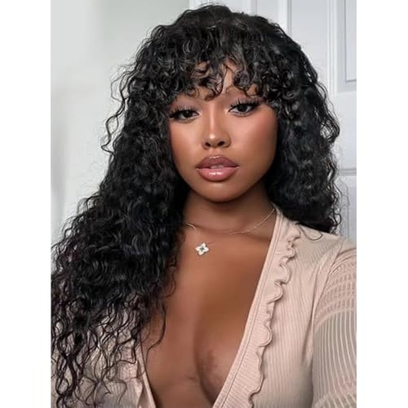 Curly Wig with Bangs Human Hair for Black Women 4x4 HD Lace Closure Wigs Human Hair long Black Wig with Bangs Glueless Wigs Human Hair 22inch