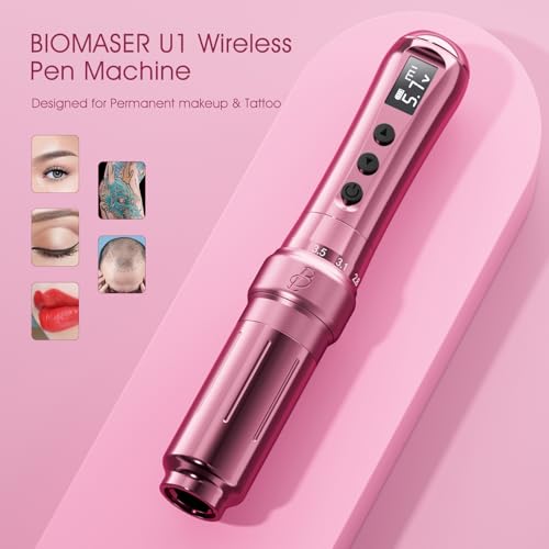 BIOMASER U1 Tattoo Gun,Wireless PMU Tattoo Machine Eyebrows & Lips, Professional Permanent Makeup Machine Rotary Tattoo Pen, Scalp Micropigmentation(Pink)
