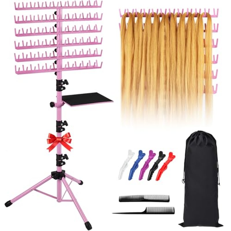 Klvied Braiding Hair Rack Standing 144 Pegs, Heavy Duty Hair Racks for Braiders Standing, Hair Divider Rack for Braiding Hair Separator, Braiding Rack with Carrying Bag and Hair Braiding Tools, Pink