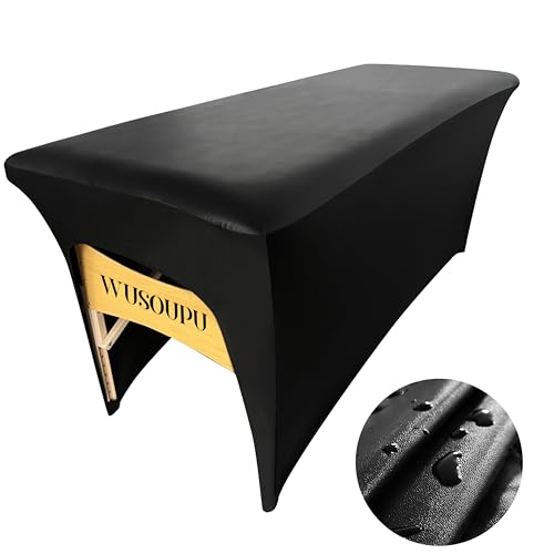 Wipeable Lash Bed Cover Massage Table Cover Waterproof and Reusable Wax Bed Cover for Esthetician, High Elasticity Vegan Leather Tablecloths for 6 FT Rectangular Table (Black)