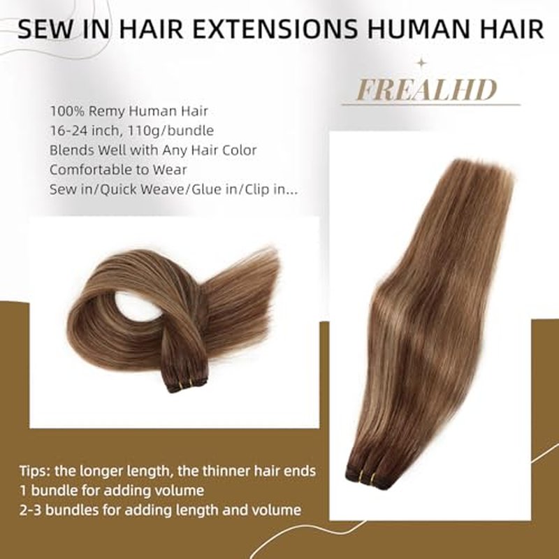 Sew in Hair Extensions Real Human Hair, 110g 20 inch Ombre Color 4/27/4 Balayage Chocolate Brown to Caramel Blonde Double Weft Weave Bundles Remy Human Hair Extensions Straight
