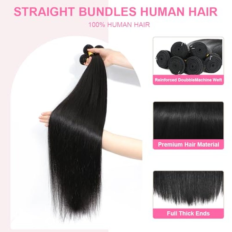 Straight Human Hair Bundles 12A Brazilian Human Hair 3 Bundles 100% Unprocessed Virgin Human Hair Extensions Natural Black Color 20 22 24Inch