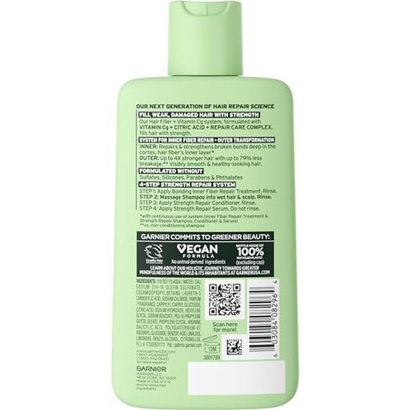 Garnier Fructis Hair Filler Strength Repair Shampoo with Vitamin Cg, Sulfate Free Shampoo for Weak, Damaged Hair, 10.1 Fl Oz, 1 Count