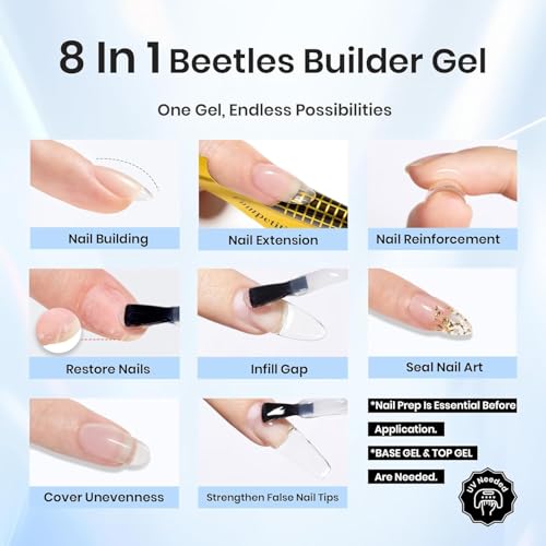 Beetles Builder Gel for Nails,0.51 oz 8 in 1 Clear Builder Strengthener Gel Enhancement Nail Building Nail Apex for Beginners & DIY Fall Halloween Nails Salon Manicure,LED & UV Lamp Needed