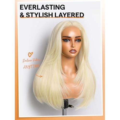 GORGIUS 613 Blonde Layered Wig Glueless Straight Synthetic Lace Front Wigs Pre Cut Pre Plucked Hairline 22 Inch