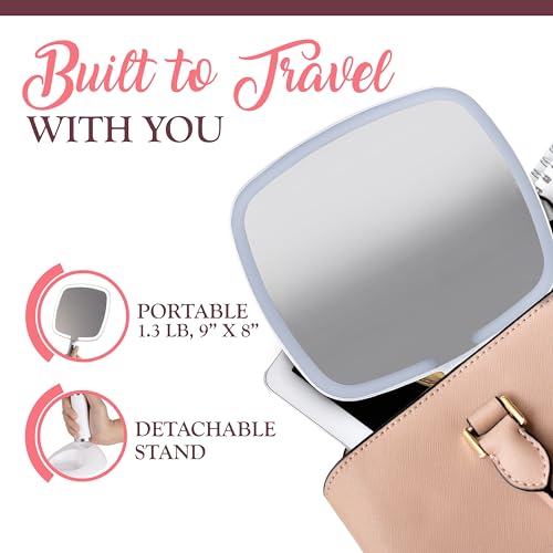 MIRRORVANA Lighted Travel Hand Mirror with Comfy Handle and Detachable Stand - Portable, Thin and Lightweight Design - Rechargeable with 3 LED Light Settings - 9" x 13" (White)