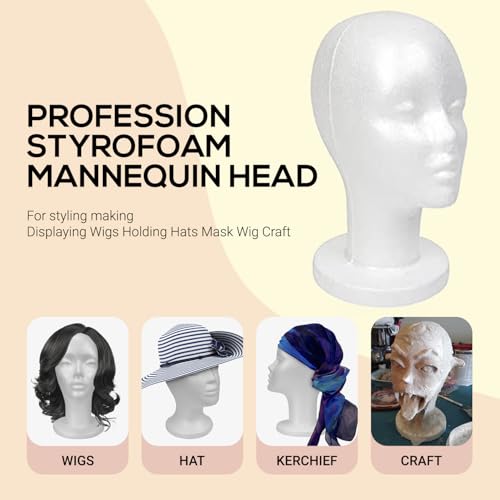 STUDIO LIMITED 11.4-Inch Styrofoam Mannequin Head (1 Pack) - White Foam Wig Stand for Wigs, Hats, Masks, Hairpieces, Arts, Crafts, DIY Projects, Salon Display, and Travel Use