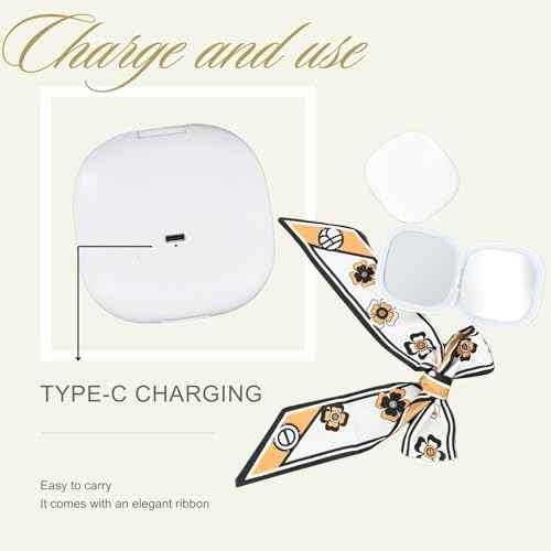 Makeup Mirror with Lights - Dual-Sided White LED Pocket Mirror, 1X/5X Magnifying Travel Mirror, 3 Light Modes, Rechargeable Handheld Mirror for On-The-Go Makeup, Grooming, and Gifts