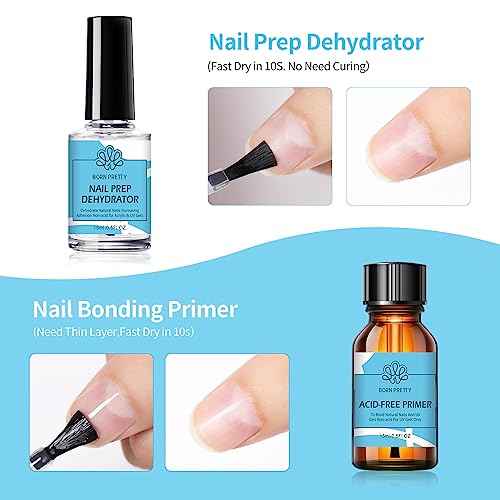 Born Pretty Nail Dehydrator and Primer, Nail Prep Dehydrator Acid Free Nail primer, Cuticle Oil for Nails, Base and Top Gel Coat Nail Supplies Functional Nail Set 5PCS