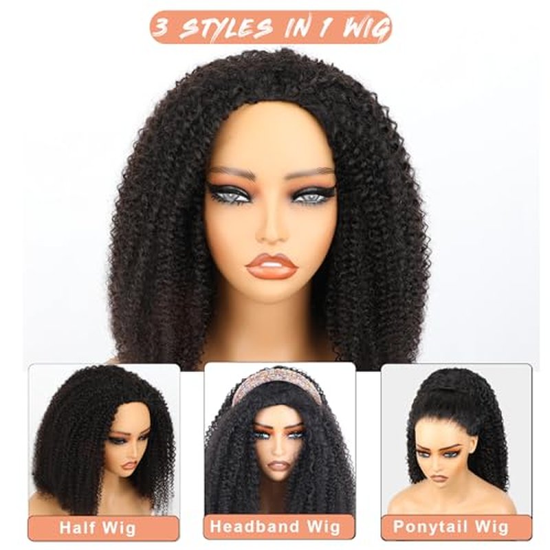 Domiso Afro Kinky Curly 3 In 1 Half Wig with Elastic Band Seamless Kinky Curly Flip Over Beginner Friendly Glueless Wear & Go Drawstring Band Clip in Wig Human Hair Black Color 18 Inch