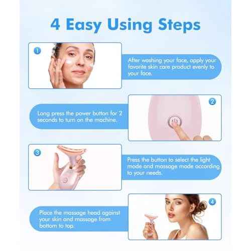 Red-Light-Therapy-for-Face-and-Neck, 7 Color Face Massager Tool for Wrinkles, Double Chin, Vibrating Facial Massager with Thermals for Skin Care, Glossy Pink