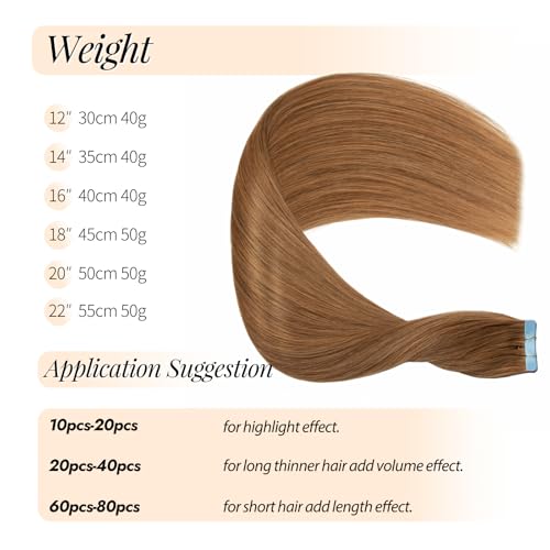 Tape in Human Hair Extensions Straight Seamless Hair Extensions Real Human Hair Tape-in 20 Inch Color #30 Auburn Brown 50Gram Remy Seamless Skin Weft 20Pcs Double Sided Tape ins Add Length for Women