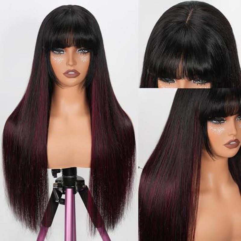 Ruiyu 1B/99J Burgundy Human Hair Wig with Bangs Balayage 2x4 HD Lace Closure Front Burgundy Highlight Straight Bang Wig Straight Wear and Go Glueless 100% Brazilian Human Hair for Women 16 Inch