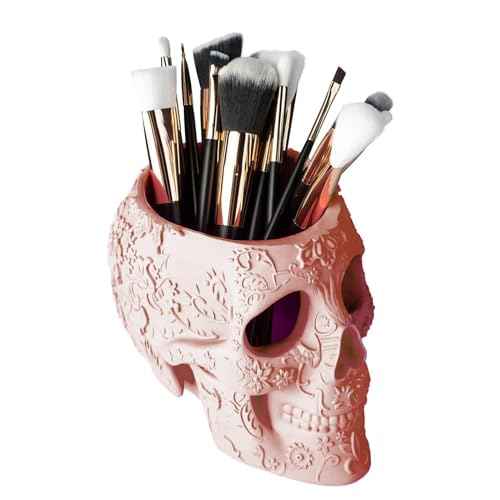 Skull Makeup Brush Holder, Pen Holder, Vanity, Desk, Office Organizer, Stationary, Decor Planter, Candy Bowl, Goth Decorations, Extra Large, Skulls Gothic Skull & Bones Organizer Bathroom (Cloud Pink)