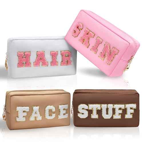 Preppy Makeup Bags Stoney Clover 4 Pcs Travel Organizer Patch Bag Large Varsity Chenille Letter Cosmetic Toiletry Preppy Stuff Cute Bags Portable Pouch Storage Purse Bag Set