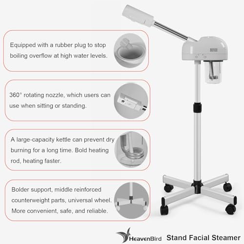 Stand Professional Ozone Facial Steamer with Touch Control, Adjustable Height & Rolling Base, 360¡Æ Rotatable Nozzle, Hot Mist Function, Use for Home, Salon SPA (White)