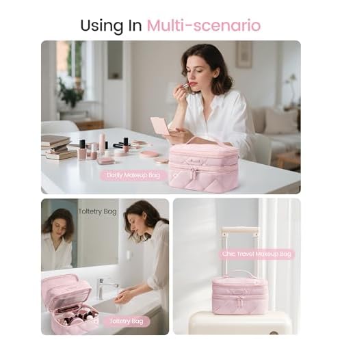 LOVEVOOK Travel Makeup Bag,Large Open Flat Tolietry Bag for Women,Waterproof Portable Cosmetic Pouch,Double Layer Quilted Makeup Bag Organizer With Handle,Travel Essentials,Gift for Her