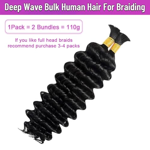 Natural Black 100% Virgin Hair Extensions Human Braiding Hair for Boho Braids 16Inch 110g Deep Water Wave Boho Bulk Human Hair for Knotless Braiding No Weft 2 Bundles/Pack