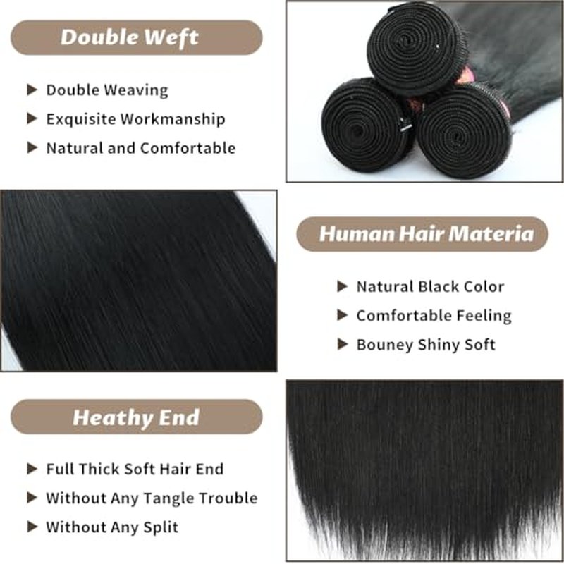 Human Hair Bundles 12A Straight Bundles Human Hair 100% Unprocessed Brazilian Virgin Hair 18 20 22 Inch Quick Weave Hair 3 Bundle Deals Hair Extensions Natural Black