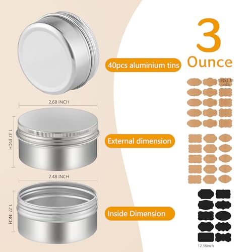 3 oz Tins with Lids, 40 Pack Aluminum Jars 3 oz Tin Salve Tins Refillable Containers With Screw Top and Labels for Salve,Candle,Spices or Balms(Silver)