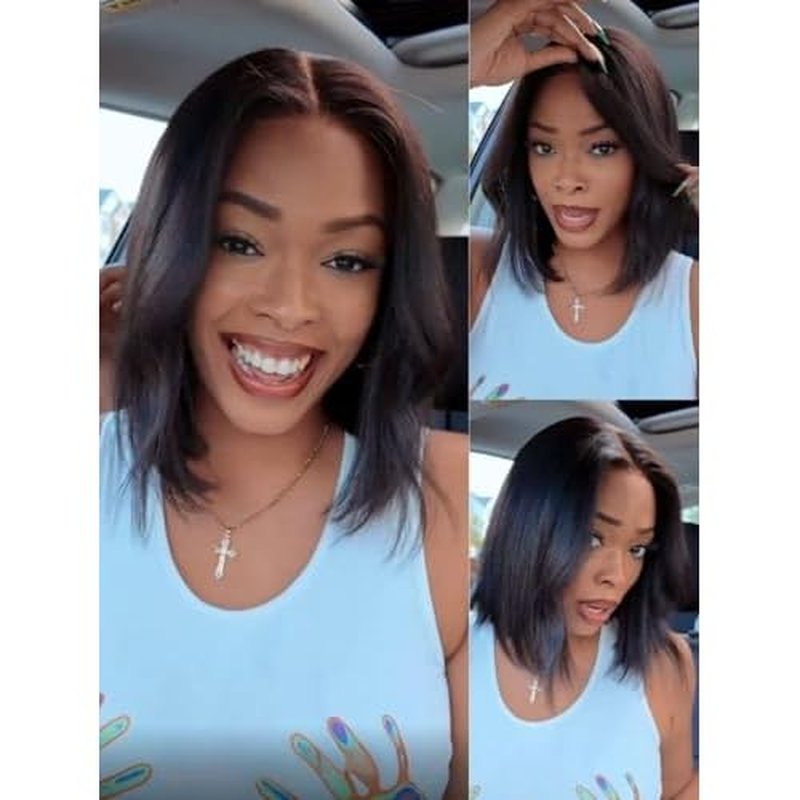 Nadula 8inch Yaki Straight Bob Drawstring Wig Human Hair Glueless Pre Cut 7x5 HD Bye Bye Knots Lace Front Wig Pre Plucked Invisible Knots Ready to Wear Short Light Yaki Bob Wigs 150% Density