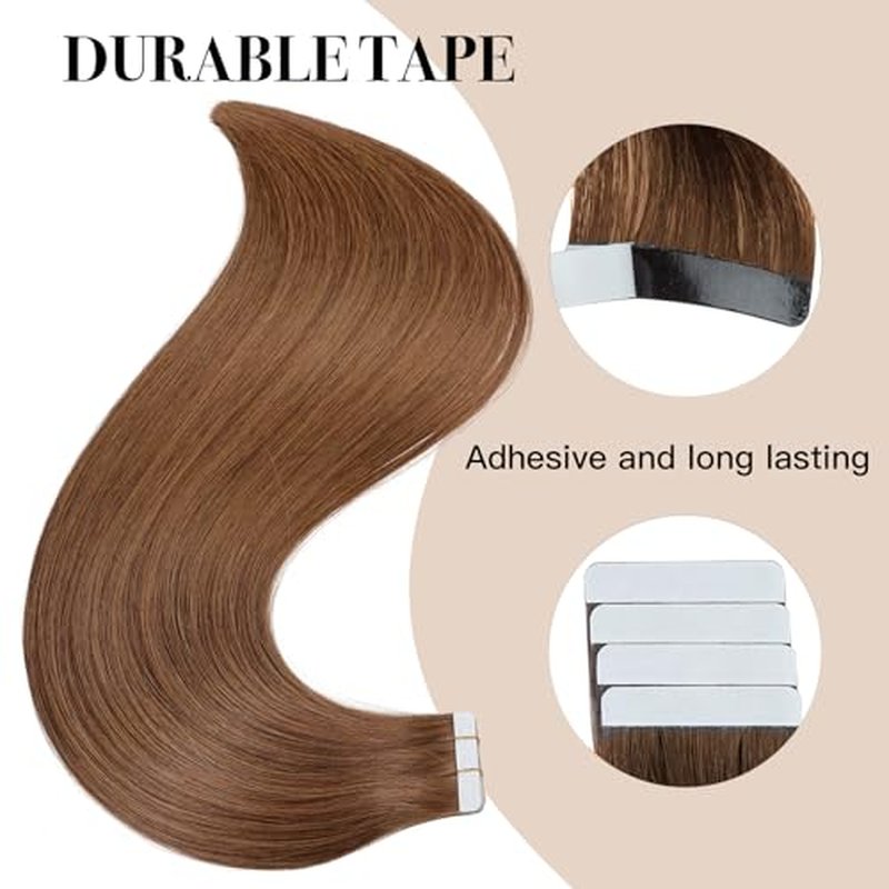Tape in Hair Extensions,Real Human Hair Extension,Brown Human Hair 24 inch 20pcs 50g,Thick Ends Straight Seamless, Invisible Tape in Hair Extensions Human Hair
