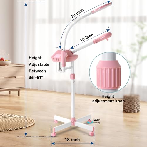 Professional Facial Steamer, 2In1 Face Steamer on Wheels for Facial Deep Cleaning, SPA Facial Steamer for Esthetician with 5X Magnifying Lamp, Stand Face Steamer with Time Setting, Pink
