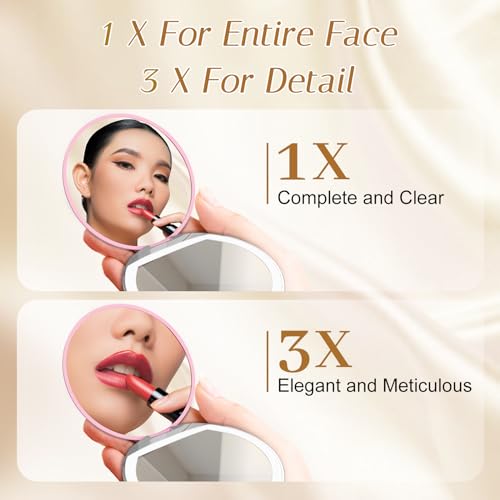 Compact Mirror with Light, 1X/3X Magnification LED Pocket Mirror with USB Data Cable,Mini Mirror for Purse, Pocket,Travel and Present (Pink)