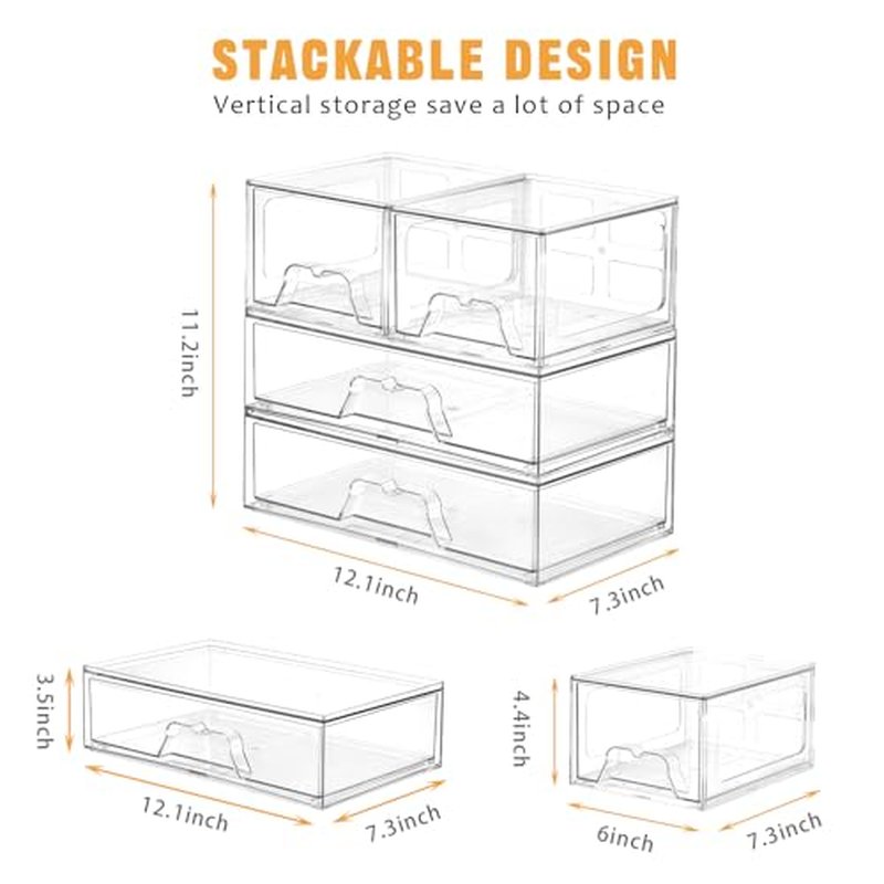 4 Pack Stackable Storage Drawers Clear Acrylic Organizer Bathroom Makeup Organizer and Storage for Beauty Supplies,Ideal for Vanity, Bathroom,Cabinet,Pantry Organization