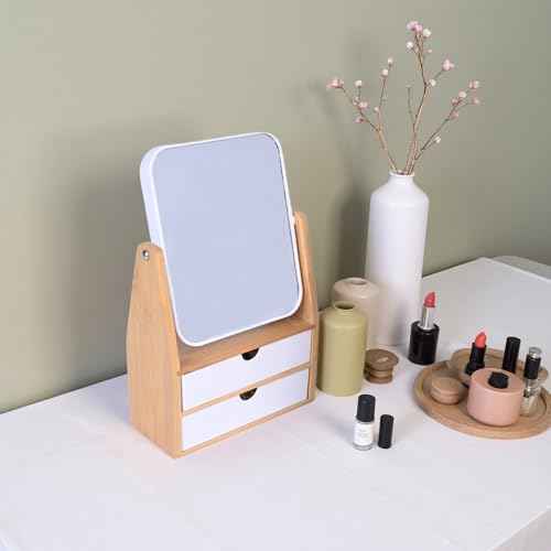 1x / 5X Magnifying Makeup Mirror, Jewelry and Cosmetics Storage Box with Double Drawers, Adjustable Natural Bamboo Stand, 360¡Æ rotatable Vertical Desktop Mirror (1, Rectangle)