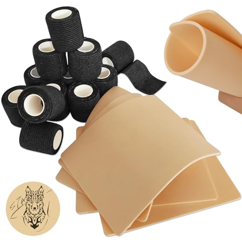 3MM Tattoo Fake Skin and Grip Tape Kit - 17Pcs 3MM Fake Tattoo Skin Practice and Grip Wrap Kit Including 5pcs 3MM Thick Tattoo Skin and 12pcs Self Cohesive Bandage Elastic Machine Tape for Beginners
