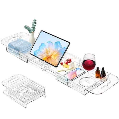 Expandable Drain Bath Caddy Tray for Tub, YOCOMEY Multifunctional Acrylic Bathtub Tray Bathroom Organizer, Simple Bathtub Table Trays Storage Rack for Candle Towel Book Wine Phone Shower(Clear)
