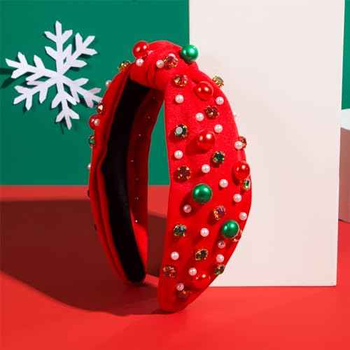 TailaiMei 2Pcs Christmas Rhinestone Knotted Headband for Women, Red & Green Jeweled Crystal Embellished Ladies Twist Wide Hair Band Accessories Holiday Makeup Hair Hoop Gifts (Pearl)