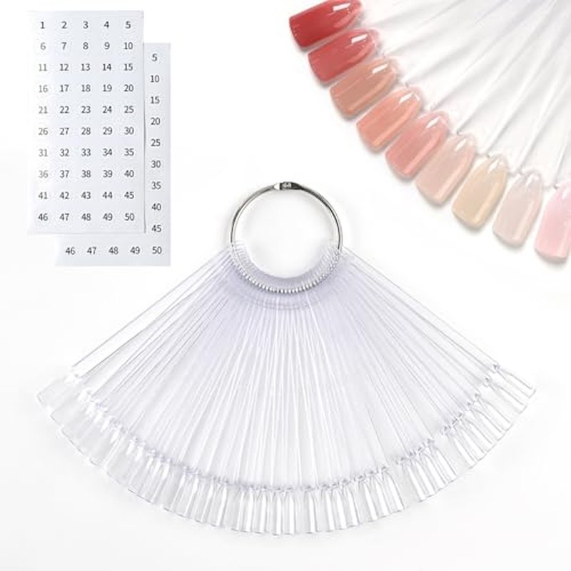 GAOY Nail Swatch Sticks with Ring, 50 Pcs False Nail Sample Swatches with Numbers Stickers, Fan-shaped Practice Color Display for Home or Salon Use