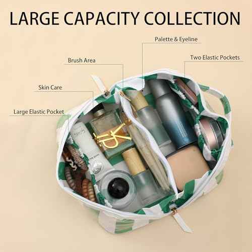 DYSHAYEN Stripe Travel Makeup Bag with Compartments Clear Coated Cosmetic Bag for Women, Waterproof Portable Open Flat Toiletry bag £¨White-Green£©