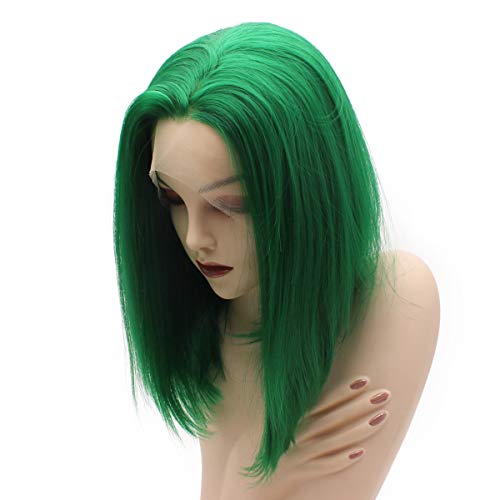 iwonawig Iewig Short Bob Straight Green Wig Half Hand Tied Synthetic Lace Front Heat Friendly Fiber