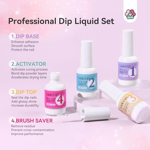 SAVILAND Dip Powder Liquid Set: 4 Pcs Nail Dip Liquid Set with HEMA-free Base Activator Top Coat and Brush Saver 15 ml/0.5 Fl.oz Dipping System Essentials No Curing Home Use DIY Salon Art